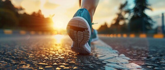 Poster - The feet of a runner running on the road close up on their shoes. Woman fitness sunrise jog workout wellness concept.