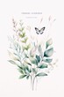 Delicate watercolor drawing of a butterfly and various plants with green leaves and beige stalks on a white background.