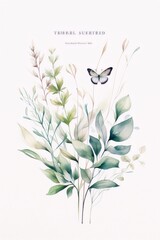 Wall Mural - Delicate watercolor drawing of a butterfly and various plants with green leaves and beige stalks on a white background.