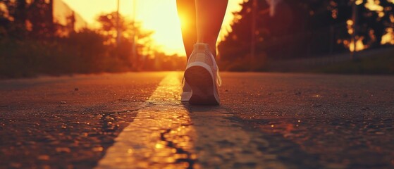 Wall Mural - Athletic legs on paved road during sunrise or sunset - concept of healthy living toned down with a retro vintage Instagram filter effect app or action with an inspirational quote added.