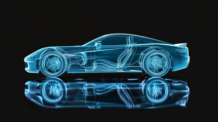 Canvas Print - Side view of X-ray concept car isolated on black background. 3D blue transparent sports car.