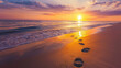 Footprints leading towards the ocean at sunset indicating personal journey and finding peace