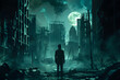 Post-Apocalyptic Cityscape under Moonlight: A Mysterious Silhouette Stands Guard