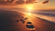 Footprints leading towards the ocean at sunset indicating personal journey and finding peace