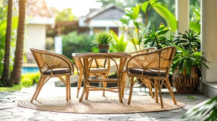 Elegant bamboo chairs and a table on a breezy patio highlighting sustainable materials in furniture design