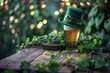 New beer, a green hat, a fortunate clover, and a St. Patrick's Day card with copy space. Generative Ai