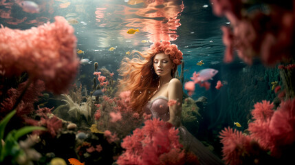 Wall Mural - mermaid in the water portrait of a woman underwater beauty