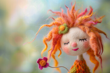 Handmade whimsical felting toy: adorable fairy tale character with playful hair. Perfect for cover, cards, postcards, interior design, and decor