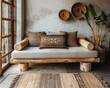 A sustainable living room showcasing a sofa crafted from recycled materials