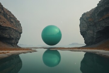 a large green globe sits on a lake with two other rocks in the background.