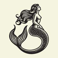 Canvas Print - Beautiful mermaid . Engraving vintage vector illustration, monochrome black color. Woodcut