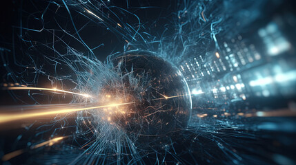 Poster - Abstract technology burst with glowing wires and particles in motion. Technology and science dynamic background.