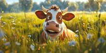 Happy Cartoon Cow In The Meadow With Flowers