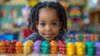 An adorable girl with braids plays and learns with colorful counting bears in a bright and engaging preschool environment