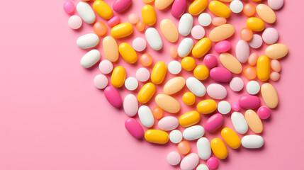 Sticker - Multi-colored tablets, capsules and vitamins in a jar on a pink background.