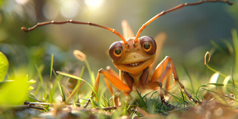 Happy cartoon grasshopper in the meadow with flowers