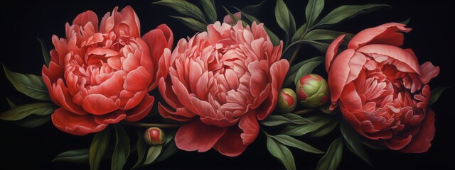 Wall Mural - Three red peonies with buds on a black background, painted in a realistic style with vibrant colors.