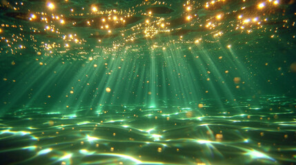 A green ocean with a lot of light shining through it. The water is clear and the light is reflecting off the surface