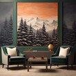 Two armchairs in front of a painting of snow-covered pine trees and mountains in warm colors, with orange sky and green walls.