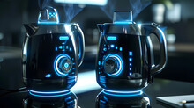 A Futuristic Smart Kettle With Holographic Displays That Showcase The Latest Technology In Home Appliances. The Kettle Has An Elegant Design With Dark Blue Accents That Emphasize The Glowing Screens
