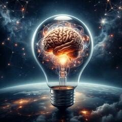 Wall Mural - a brain inside a lightbulb against a backdrop of earth from space