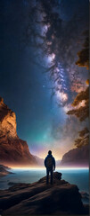 Photo real as Starry Solitude Gaze upon the night sky stars a canvas of cosmic wonder. in nature and landscapes theme ,for advertisement and banner ,Full depth of field, high quality ,include copy spa