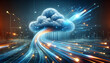 for advertisement and banner as Cloud Burst A burst of data streams from a cloud symbolizing fast cloud services. in Digital Cloud Computing background theme ,Full depth of field, high quality ,includ