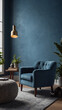 Step into a modern loft living space with a lounge armchair against a calming blue stucco wall, offering plenty of copy space for personalization.