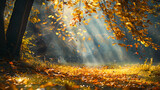 Fototapeta Natura - Autumn landscape with golden leaves and rays of sunlight