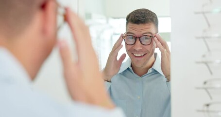 Sticker - Man, reflection and mirror with glasses for optometry or vision and happy for shopping choice in store. Male person, eye health and selection for prescription, spectacles and eyewear for eyesight.