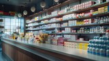 Fototapeta  - A well-organized pharmacy counter showcasing rows of neatly arranged prescription medications and over-the-counter drugs, ready to serve the needs of customers.