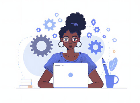 Minimalist UI illustration of an IT support woman in blue