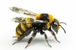 A yellow and black bee is standing on a white background