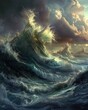 Apocalyptic Giant Wave. The Ultimate Disaster of Crashing Waves in Stormy Ocean with Huge Splash and Cloud