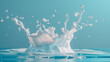 Milk splashes dynamically against a blue background, creating a crown-like shape and droplets in the air.