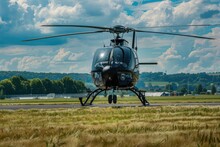 Black Helicopter Flying Over Summer Field In The Sky. Air Show And Aerospace Industry Concept