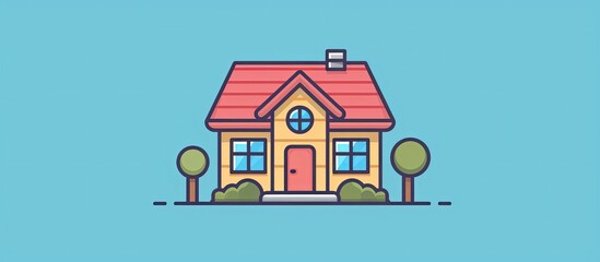 Sticker - A charming cottage with a red roof, surrounded by trees, featuring a blue background. The house has a unique facade with windows and a door, set against a backdrop of green grass