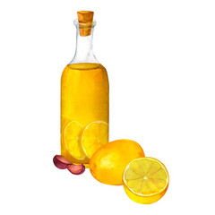 Poster - A bottle of fragrant olive oil with lemon and garlic, decoration for kitchen, for restaurant menus, recipes