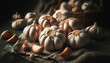 A cluster of garlic bulbs and reveal the detailed layers of papery skin and showcase the rich
