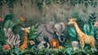 Frolicking jungle animals form a cheerful backdrop
