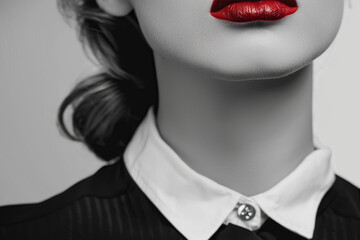 Black and white portrait of a woman with red lipstick kiss mark.