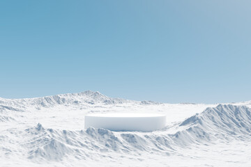 Wall Mural - 3d render platform and natural winter background, stone podium on the ice snow mountain in daytime f