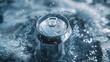Frosted aluminum beverage can partially submerged in ice.