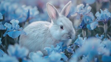 A White Rabbit Immersed in the Delicate Blooms of Irises A Tranquil Moment in Documentary Editorial and Magazine Photography