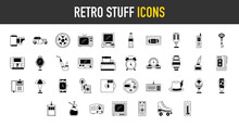 Retro Stuff Icons Set. Such As Camera Roll, Brick Phone, Lamp, Smoking Pipe, Pc, Car, Soda Bottle, Microphone, Pager, Roller Skate, Faberge, Ink, Thermometer, Alarm Clock, Cd Vector Icon Illustration