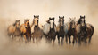 Equestrian group in motion: hooves pounding earth, a symphony of power. Dust swirls as they gallop, a synchronized heartbeat. 