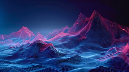 Poster - Virtual reality landscape with wireframe mountains in red and blue. 3D render.