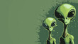 Two green cartoon aliens with large eyes on a splatter art green background, invoking extraterrestrial themes