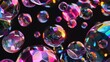 Abstract 3D render with colorful iridescent bubbles, glass shapes, smooth pebbles