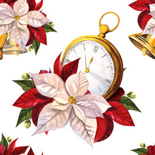 Seamless Pattern Of Clocks, Bells And Christmas Flowers. Five Minutes To Twelve. New Year's Eve. White And Red Poinsettia. Watercolor Illustration For New Year Background Design, Textile, Packaging